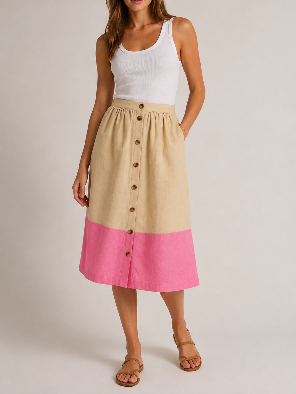 J. Crew Linen Colorblock Midi Skirt Pink Tan Button Front Size XXS 518